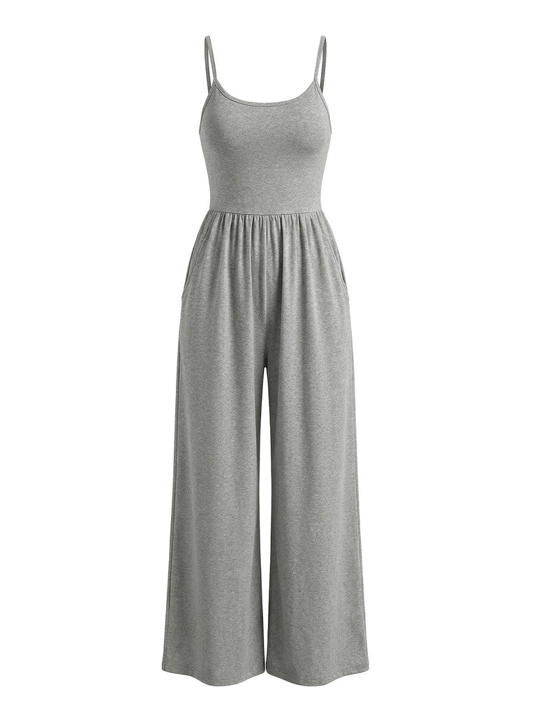 1930s Solid Knitted Spaghetti Straps Wide-Leg Jumpsuit - vintage romper, retro jumpsuit, playful style for vintage lovers