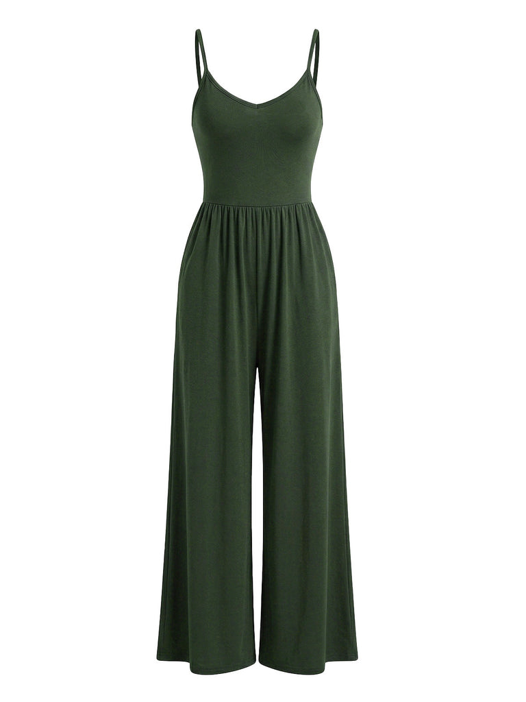 1930s Solid Knitted Spaghetti Straps Wide-Leg Jumpsuit | vintage romper, retro jumpsuit, playful style - perfect for retro fashion enthusiasts