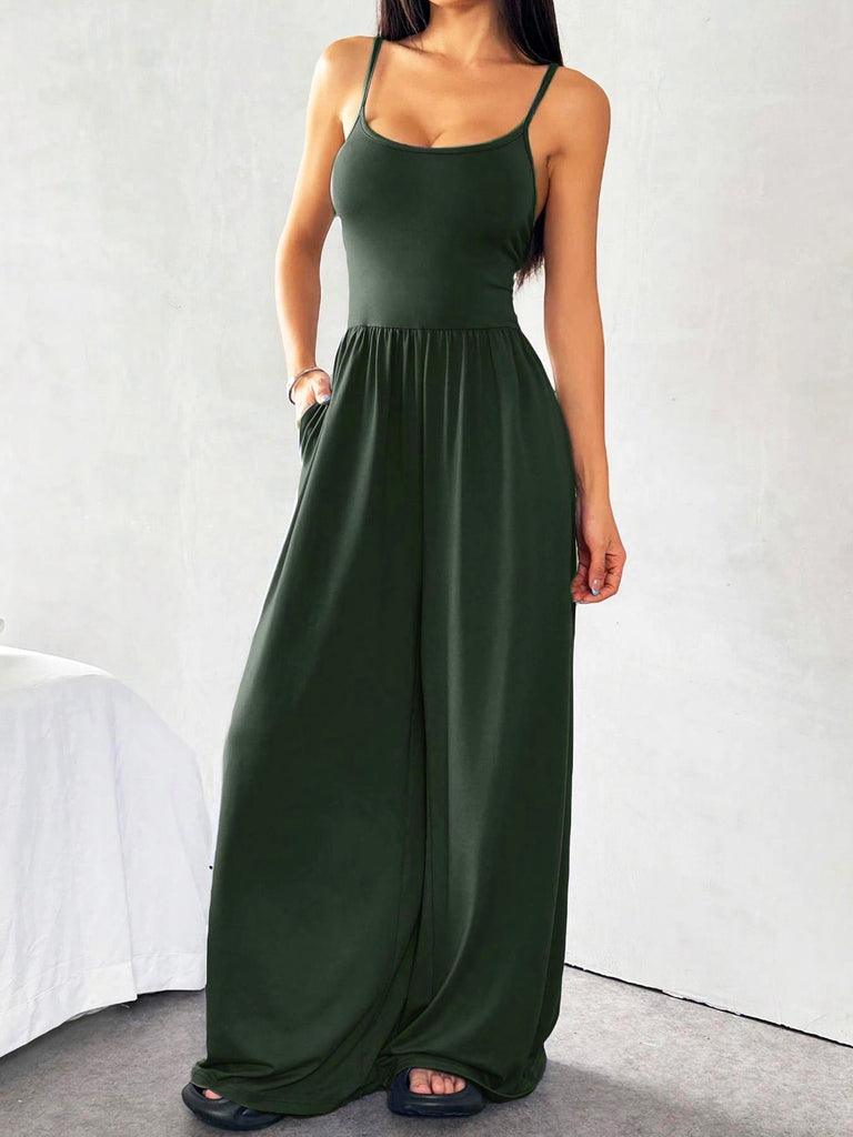 1930s Solid Knitted Spaghetti Straps Wide-Leg Jumpsuit - vintage romper, retro jumpsuit, playful style for vintage lovers