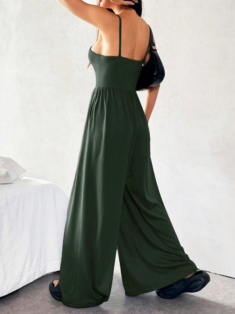 1930s Solid Knitted Spaghetti Straps Wide-Leg Jumpsuit: beautiful vintage romper, retro jumpsuit, playful style with timeless appeal