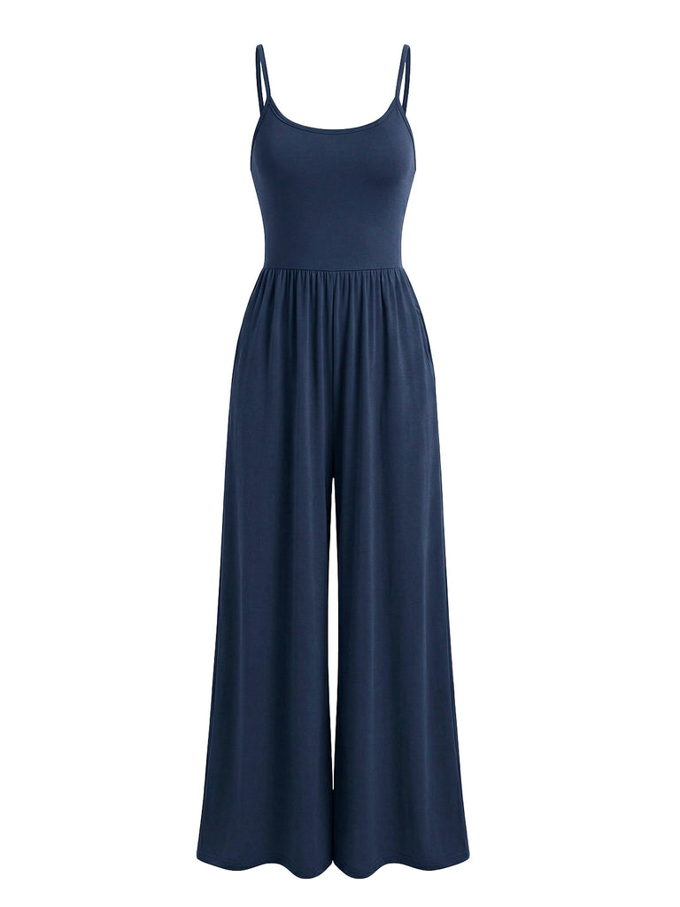 1930s Solid Knitted Spaghetti Straps Wide-Leg Jumpsuit - vintage romper, retro jumpsuit, playful style for vintage lovers