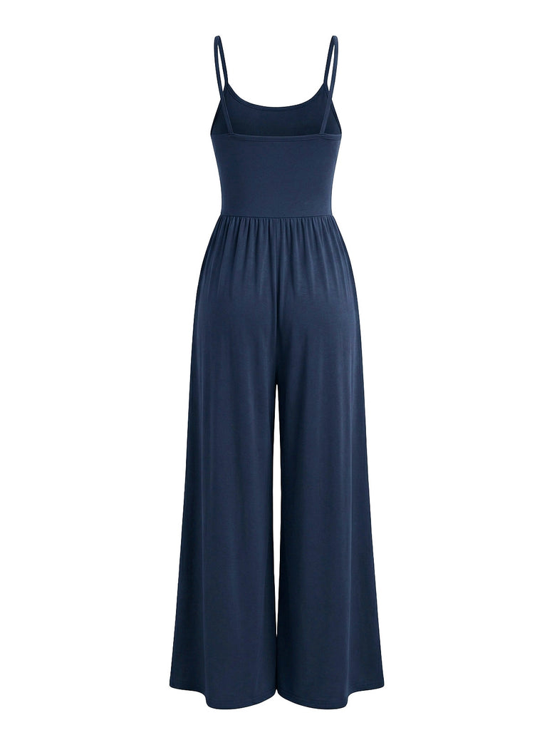 1930s Solid Knitted Spaghetti Straps Wide-Leg Jumpsuit: beautiful vintage romper, retro jumpsuit, playful style with timeless appeal