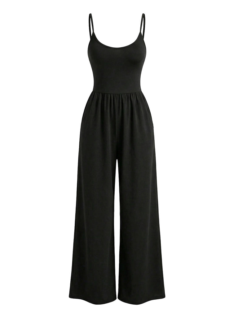 1930s Solid Knitted Spaghetti Straps Wide-Leg Jumpsuit | vintage romper, retro jumpsuit, playful style - perfect for retro fashion enthusiasts