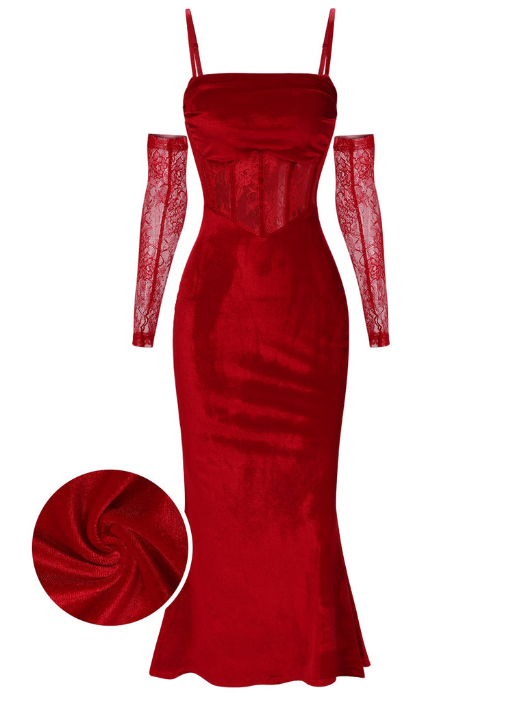 1930s Solid Lace Patchwork Velvet Fishtail Dress, vintage dress, retro fashion, lace detail - perfect for women who love vintage and retro fashion