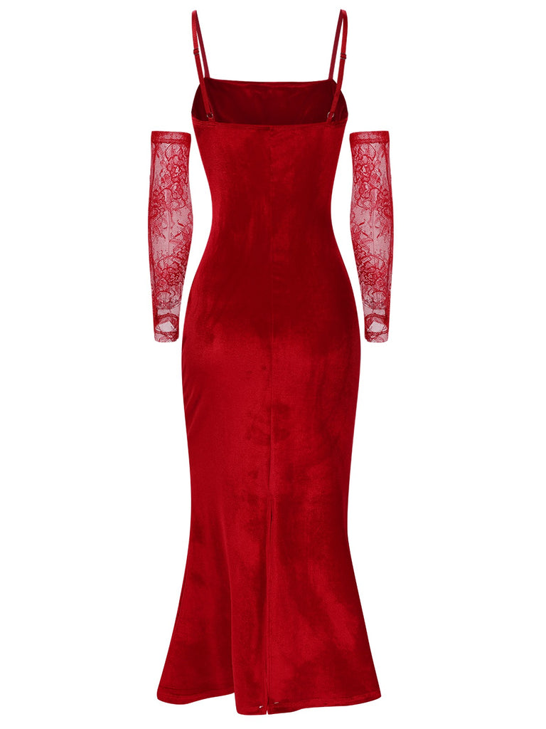 1930s Solid Lace Patchwork Velvet Fishtail Dress, vintage dress, retro fashion, lace detail - perfect for women who love vintage and retro fashion