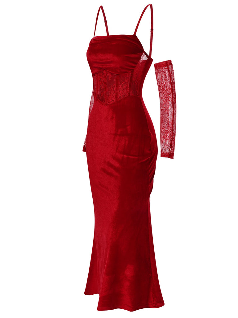1930s Solid Lace Patchwork Velvet Fishtail Dress, vintage dress, retro fashion, lace detail - perfect for women who love vintage and retro fashion