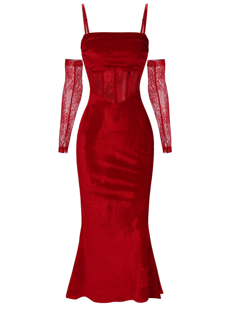 1930s Solid Lace Patchwork Velvet Fishtail Dress, vintage dress, retro fashion, lace detail - perfect for women who love vintage and retro fashion
