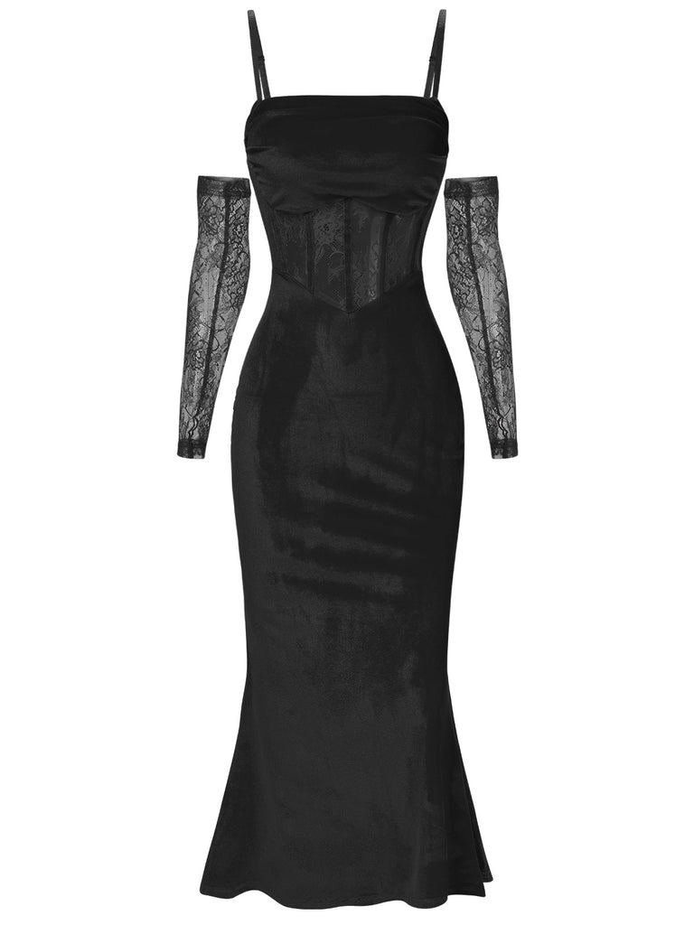 1930s Solid Lace Patchwork Velvet Fishtail Dress, vintage dress, retro fashion, lace detail - perfect for women who love vintage and retro fashion