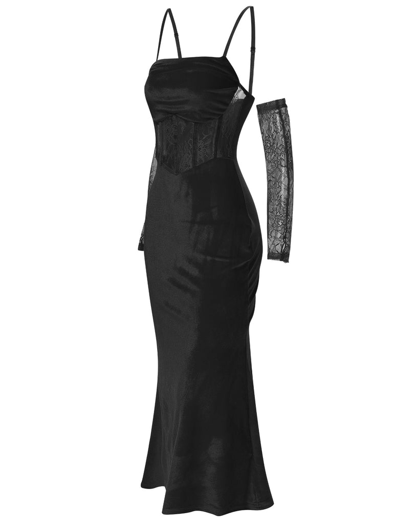 1930s Solid Lace Patchwork Velvet Fishtail Dress, vintage dress, retro fashion, lace detail - perfect for women who love vintage and retro fashion