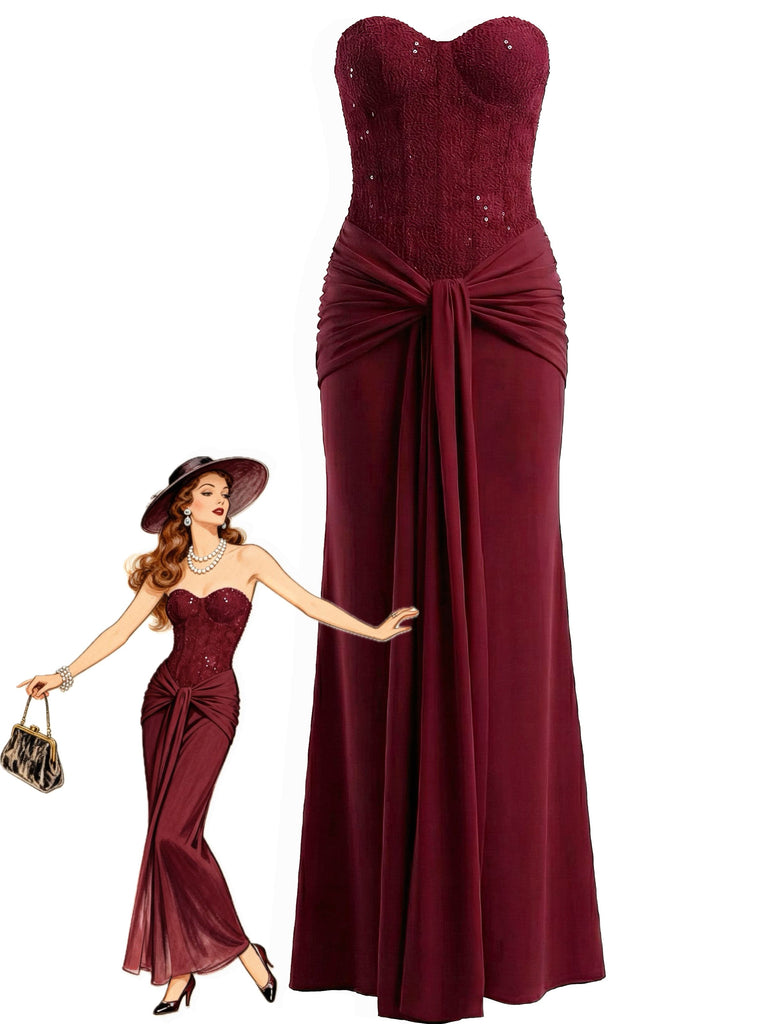 1930s Solid Lace-Up Strapless Maxi Dress
