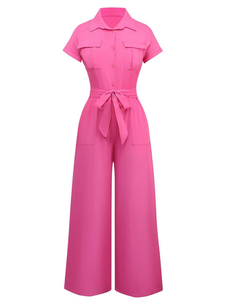1930s Solid Lapel Button Belted Cargo Jumpsuit - vintage jumpsuit, retro fashion
