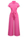 1930s Solid Lapel Button Belted Cargo Jumpsuit - vintage jumpsuit, retro fashion