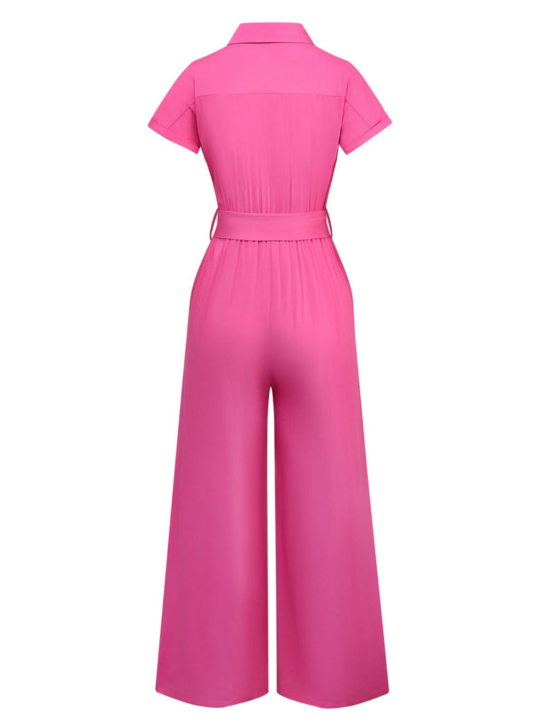 1930s Solid Lapel Button Belted Cargo Jumpsuit - vintage jumpsuit, retro fashion