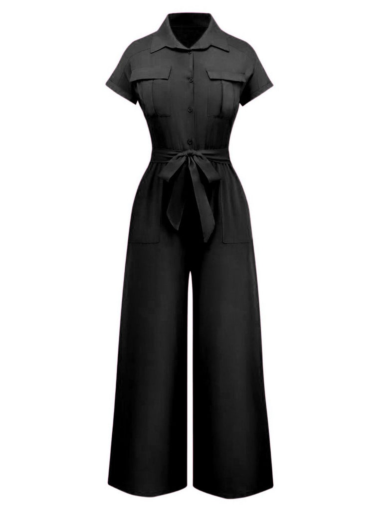 1930s Solid Lapel Button Belted Cargo Jumpsuit - vintage jumpsuit, retro fashion