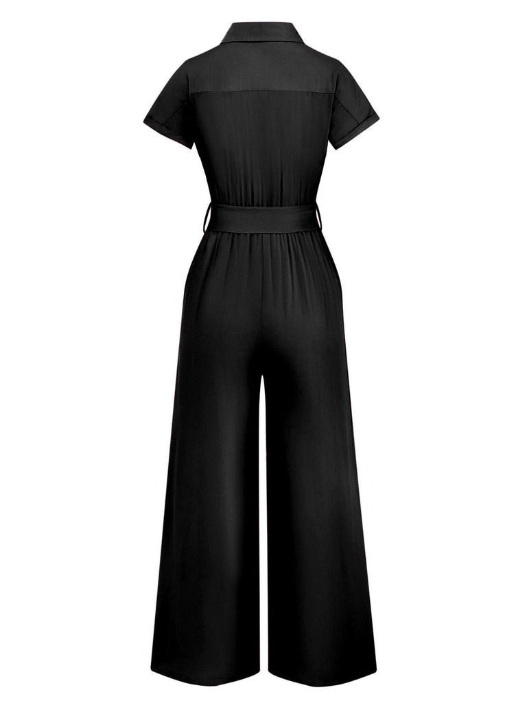1930s Solid Lapel Button Belted Cargo Jumpsuit - vintage jumpsuit, retro fashion