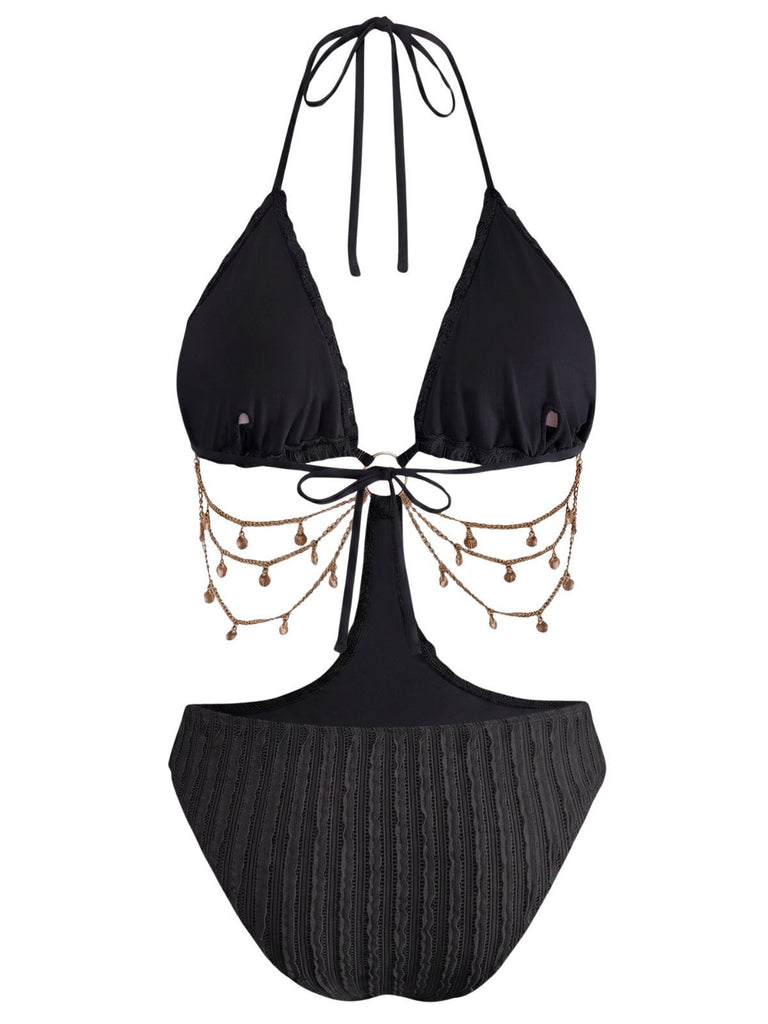 Green 1930s Solid Metal Chain Cutout Swimsuit, vintage swimsuit, pin-up swimwear - perfect for women who love vintage and retro fashion