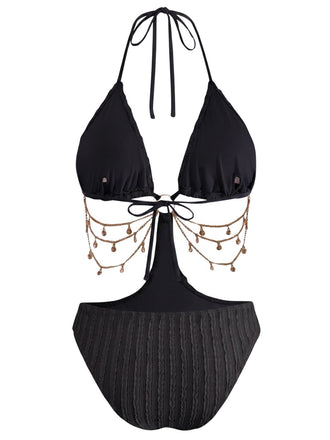 Green 1930s Solid Metal Chain Cutout Swimsuit, vintage swimsuit, pin-up swimwear - perfect for women who love vintage and retro fashion