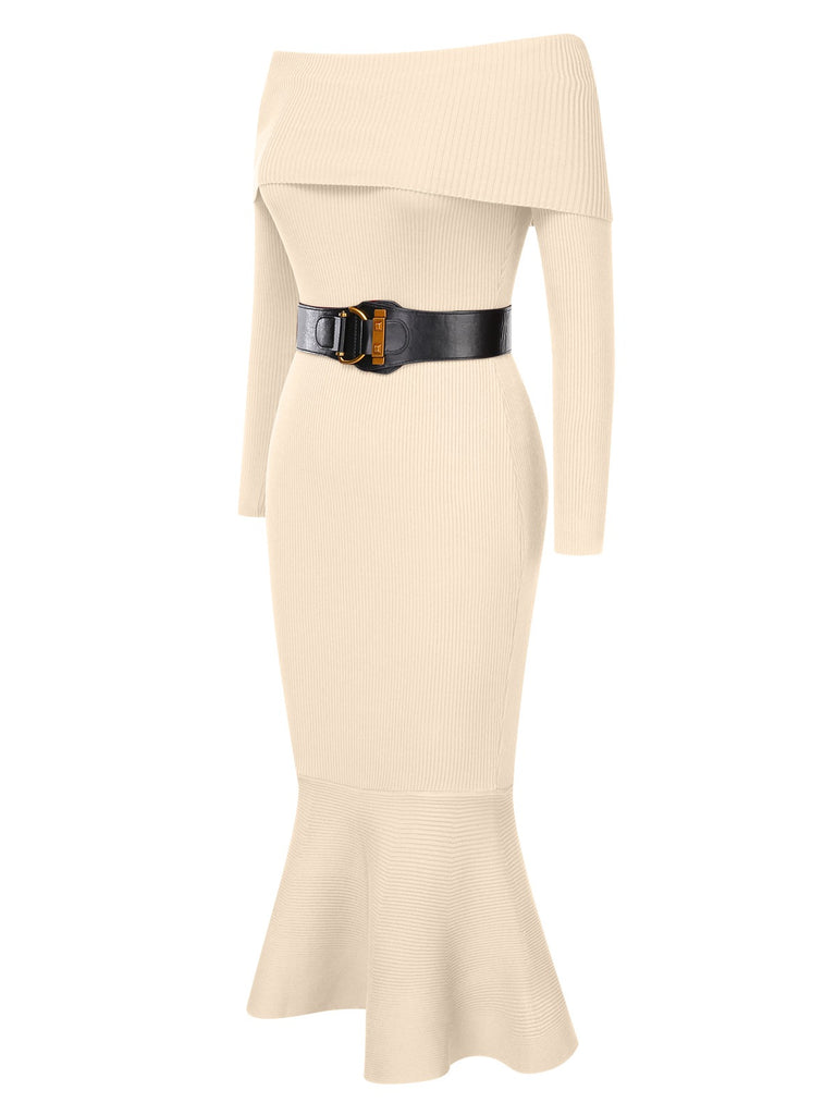 1930s Solid Off-Shoulder Knitted Fishtail Dress With Belt, vintage dress, retro fashion - perfect for women who love vintage and retro fashion