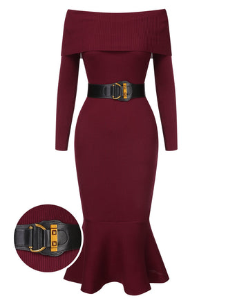 1930s Solid Off-Shoulder Knitted Fishtail Dress With Belt, vintage dress, retro fashion - perfect for women who love vintage and retro fashion