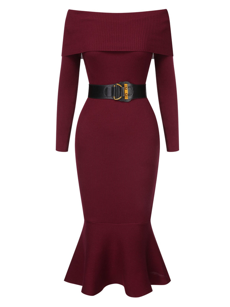 1930s Solid Off-Shoulder Knitted Fishtail Dress With Belt, vintage dress, retro fashion - perfect for women who love vintage and retro fashion