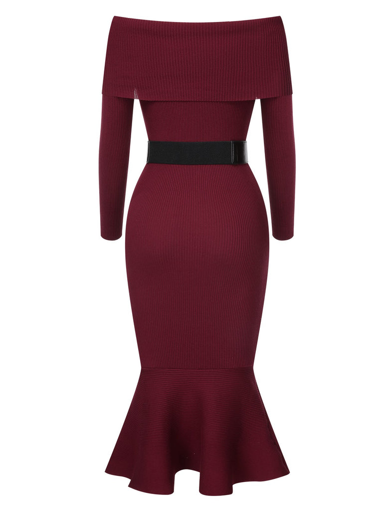 1930s Solid Off-Shoulder Knitted Fishtail Dress With Belt, vintage dress, retro fashion - perfect for women who love vintage and retro fashion