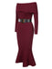 1930s Solid Off-Shoulder Knitted Fishtail Dress With Belt, vintage dress, retro fashion - perfect for women who love vintage and retro fashion