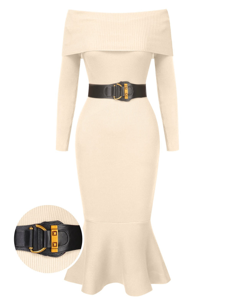 1930s Solid Off-Shoulder Knitted Fishtail Dress With Belt, vintage dress, retro fashion - perfect for women who love vintage and retro fashion