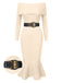 1930s Solid Off-Shoulder Knitted Fishtail Dress With Belt, vintage dress, retro fashion - perfect for women who love vintage and retro fashion