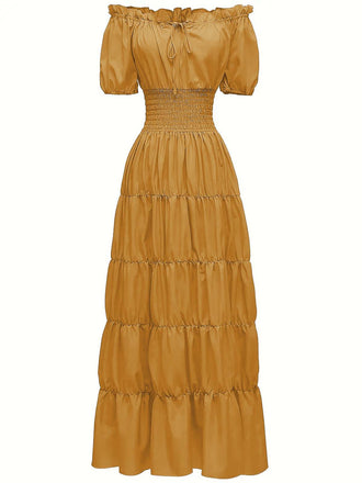 She slips into this 1930s Solid Off-Shoulder Smocked Puff Sleeves Dress and suddenly it's a 1930s daydream