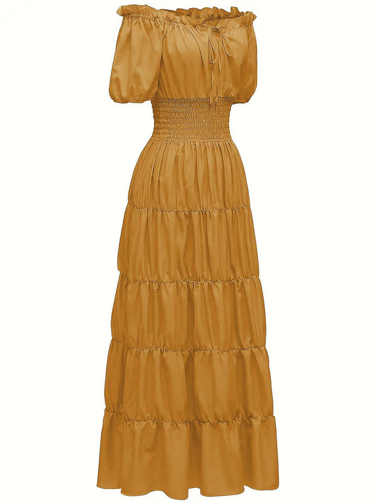 1930s Solid Off-Shoulder Smocked Puff Sleeves Dress 1930s Solid Off-Shoulder Smocked Puff Sleeves Dress