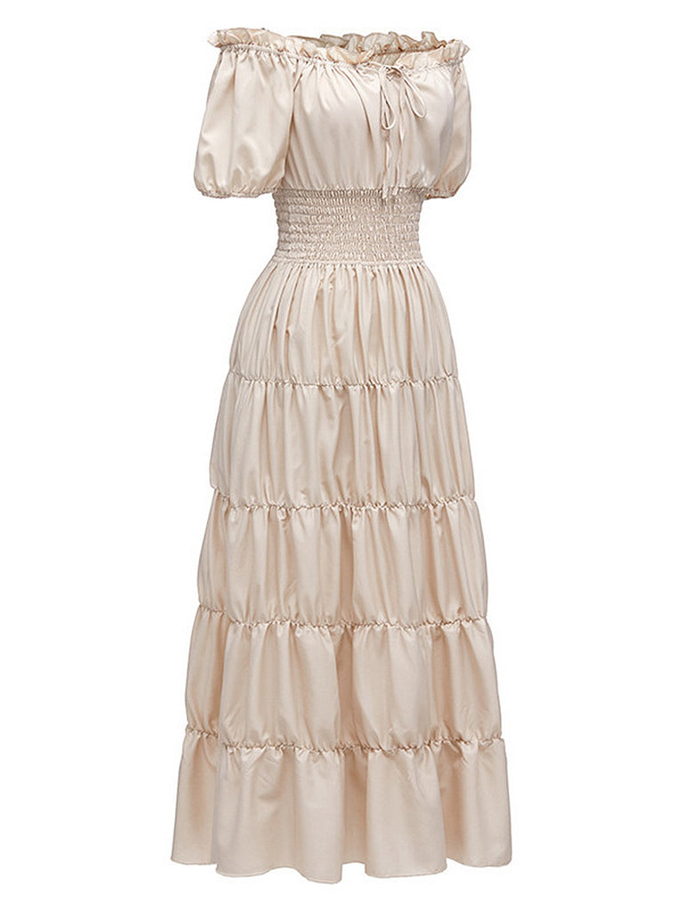 1930s Solid Off-Shoulder Smocked Puff Sleeves Dress: where 1930s romance meets her modern spirit