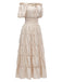 1930s Solid Off-Shoulder Smocked Puff Sleeves Dress: where 1930s romance meets her modern spirit