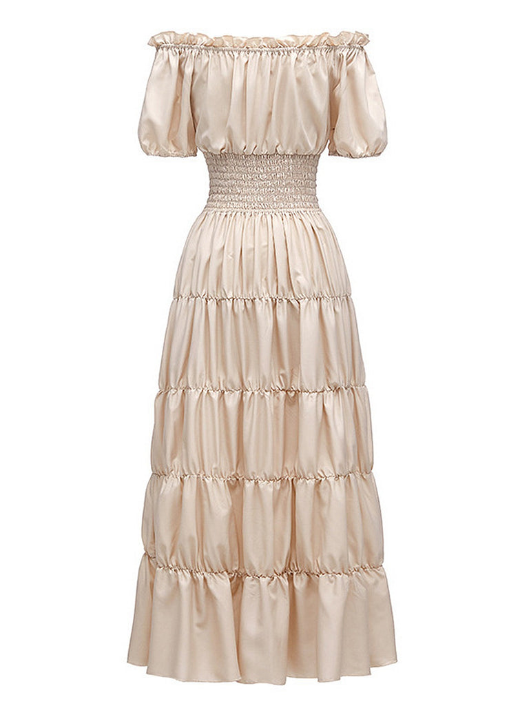 off the shoulder peasant dress 1930s Solid Off-Shoulder Smocked Puff Sleeves Dress