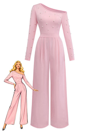 1930s Solid One-Shoulder Pearl Detail Long Sleeve Jumpsuit - vintage romper, retro jumpsuit, playful style for vintage lovers