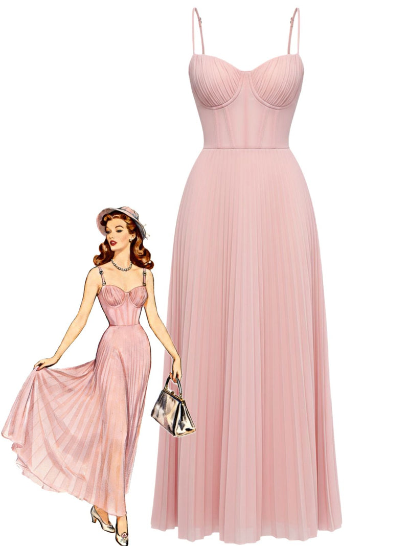 Pink Corset Bustier Pleated Wedding Guest Dress
