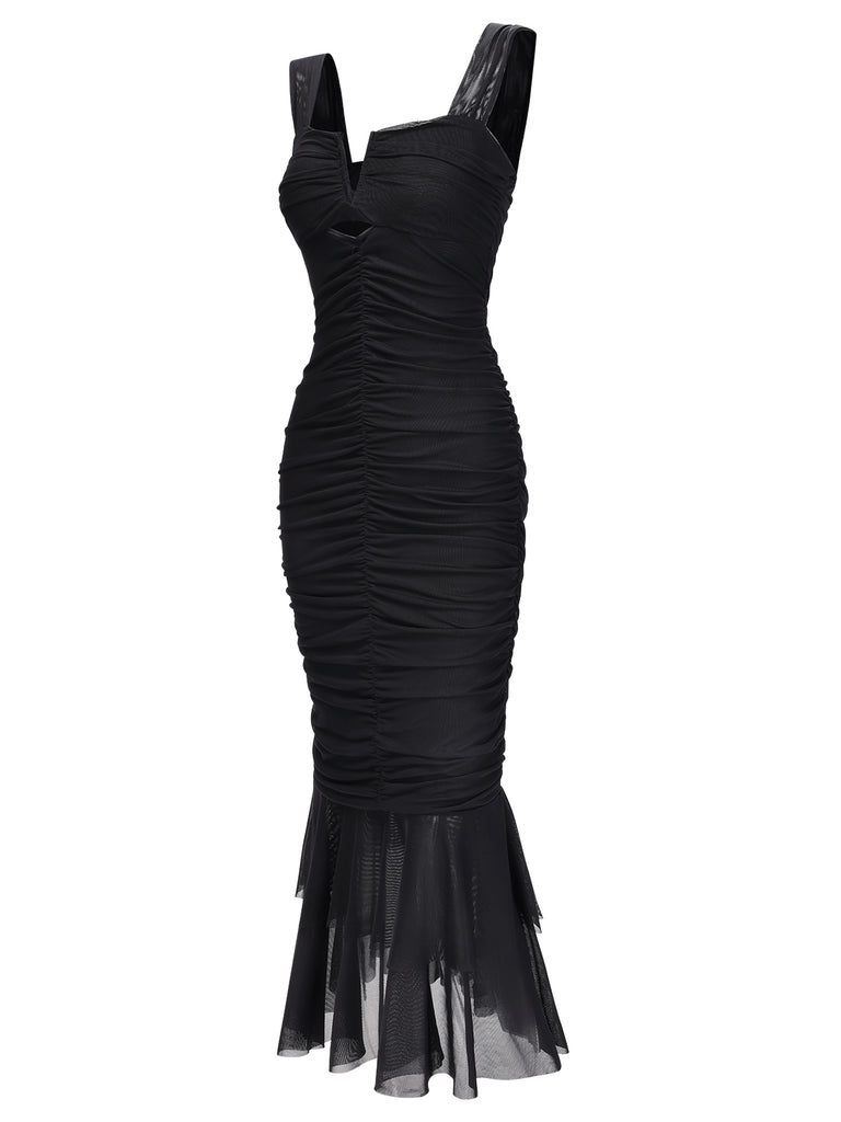 1930s Solid Pleated Wide Strap Fishtail Dress, vintage dress, retro fashion - perfect for women who love vintage and retro fashion