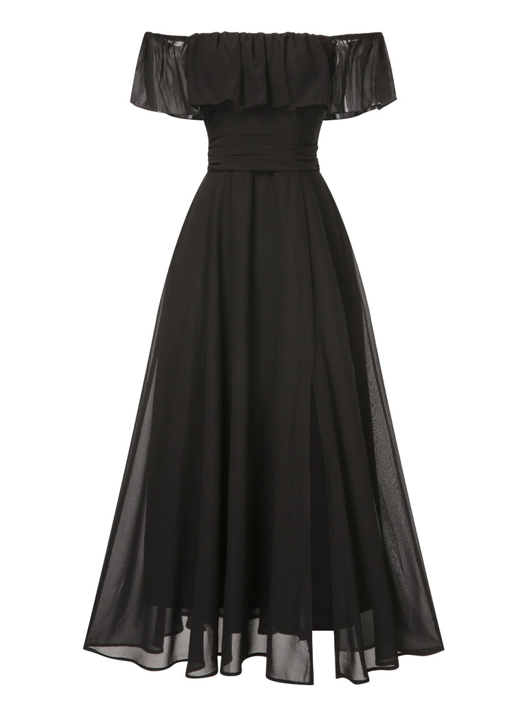 off the shoulder collar dress 1930s Solid Roll Collar Off Shoulder Slit Dress