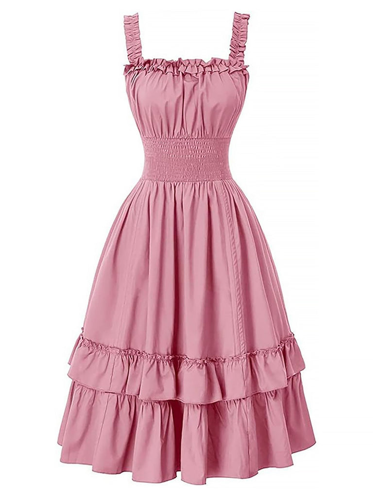 1930s Solid Square Neck Drawstring Layered Dress: where 1930s romance meets her modern spirit