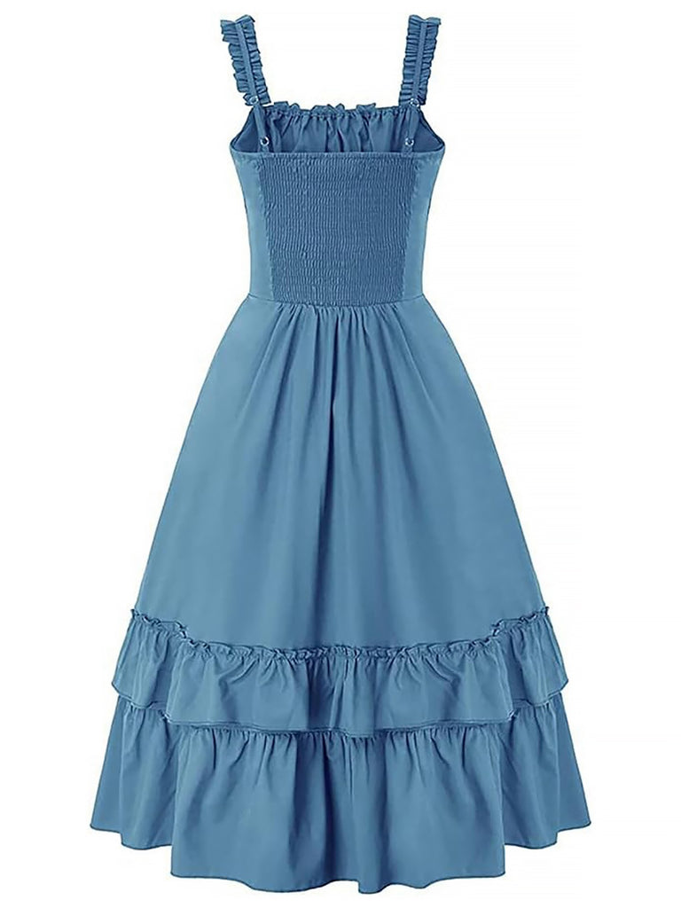1930s Solid Square Neck Drawstring Layered Dress: where 1930s romance meets her modern spirit