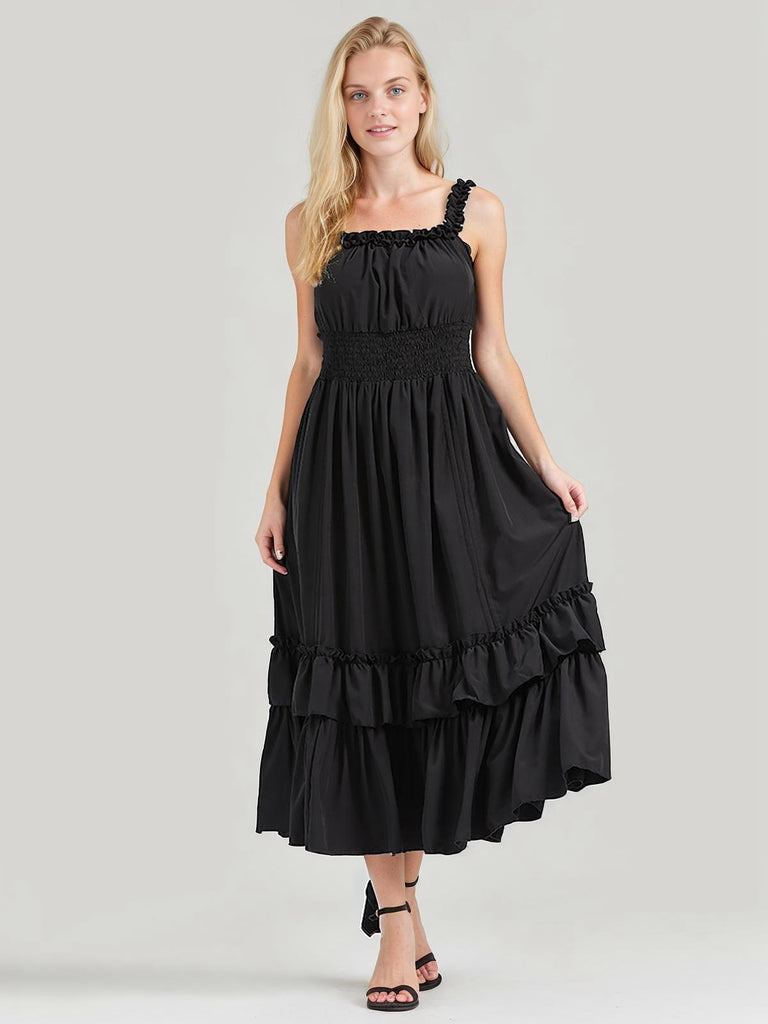 1930s Solid Square Neck Drawstring Layered Dress: where 1930s romance meets her modern spirit