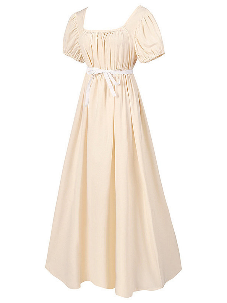1930s Solid Square Neck Puff Sleeves Dress: where 1930s romance meets her modern spirit