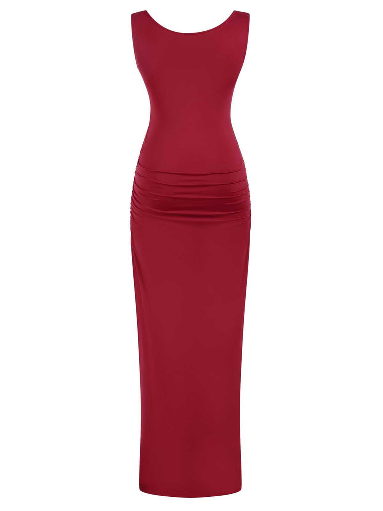 1930s Solid Square Neck Split Ruched Dress: where 1930s romance meets her modern spirit