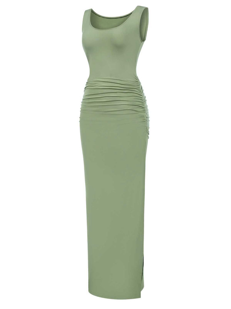 1930s Solid Square Neck Split Ruched Dress: where 1930s romance meets her modern spirit