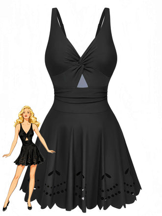 1930s Solid Twist Front Hollow One-Piece Swimdress - vintage dress, retro fashion