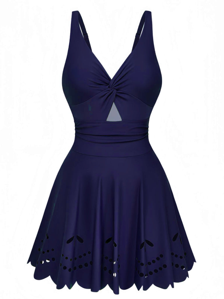 1930s Solid Twist Front Hollow One-Piece Swimdress - vintage dress, retro fashion, elegant style for vintage lovers