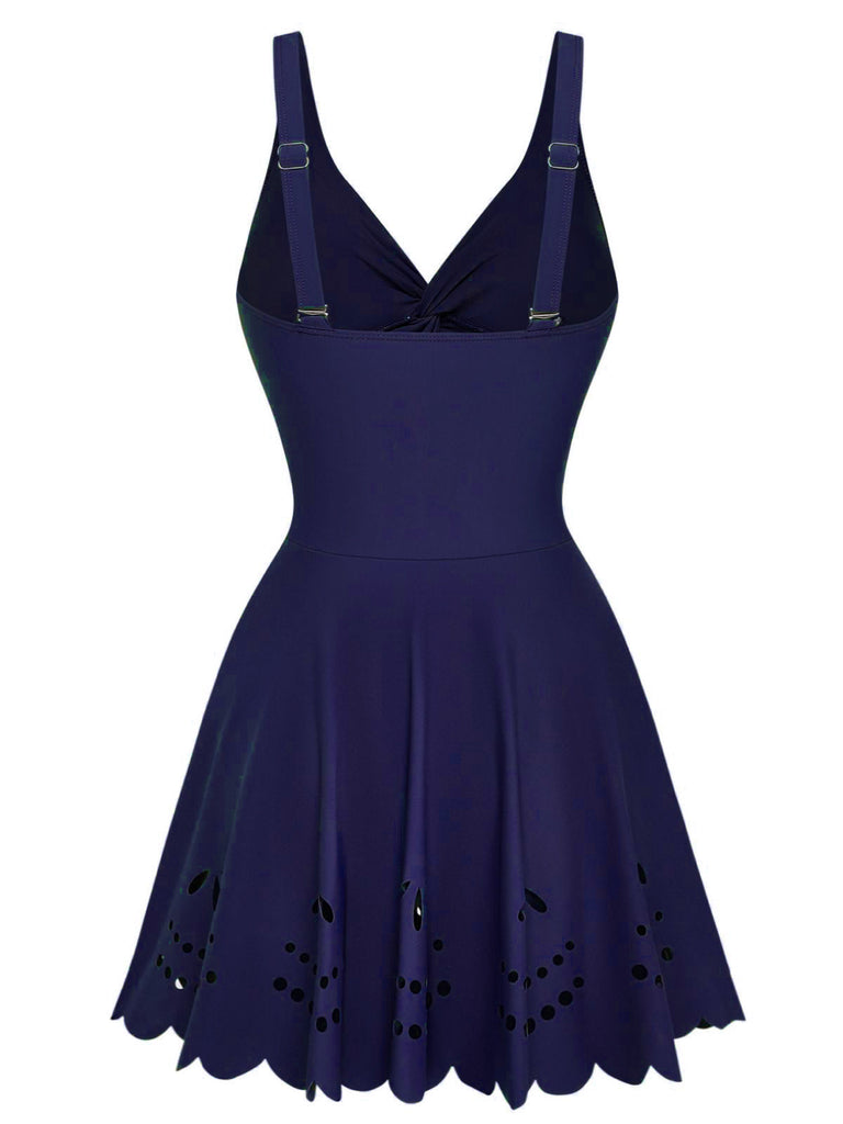 1930s Solid Twist Front Hollow One-Piece Swimdress: beautiful vintage dress, retro fashion, elegant style with timeless appeal