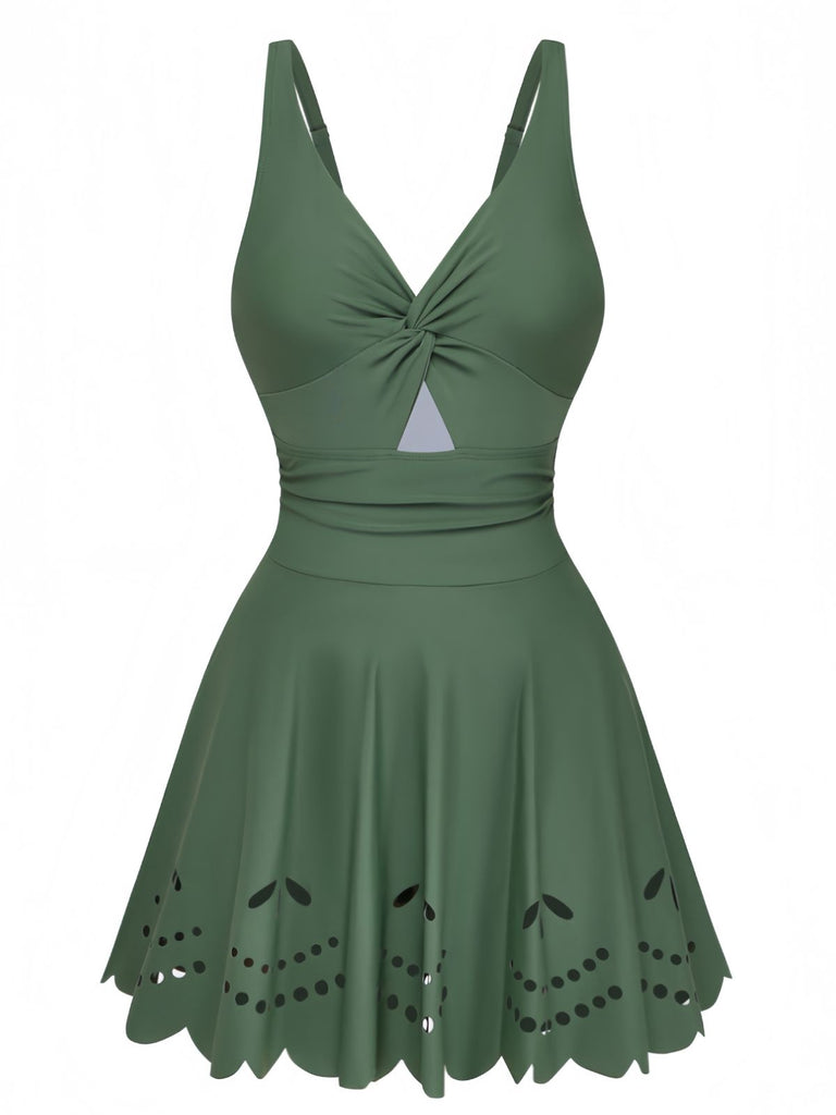 1930s Solid Twist Front Hollow One-Piece Swimdress | vintage dress, retro fashion, elegant style - perfect for retro fashion enthusiasts