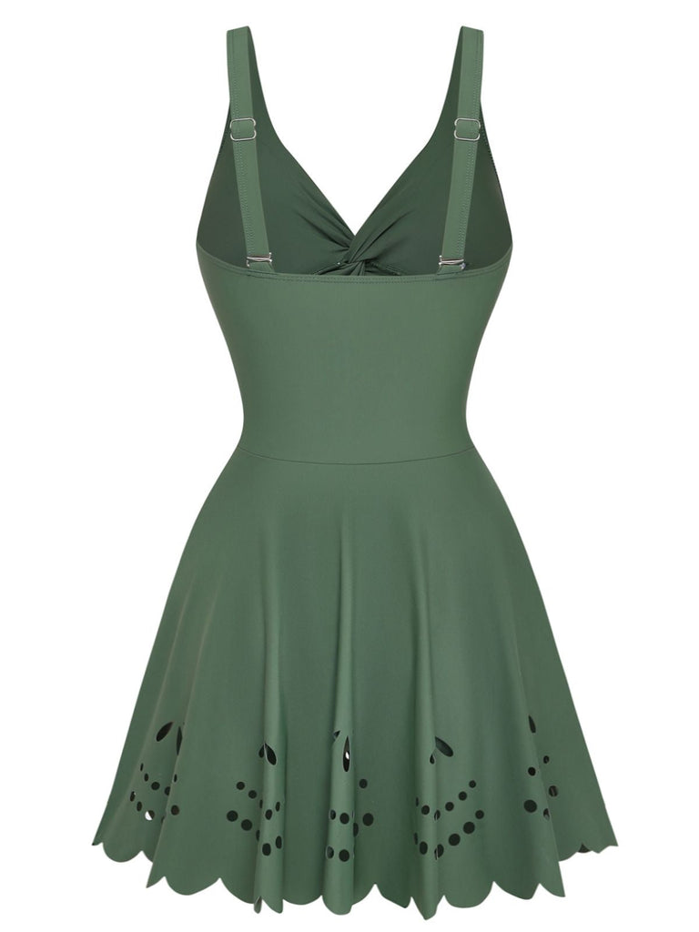 1930s Solid Twist Front Hollow One-Piece Swimdress - vintage dress, retro fashion, elegant style for vintage lovers