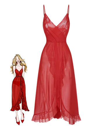 She slips into this 1930s Solid V-Neck Ruffle Sheer Nightgown and suddenly it's a 1930s daydream