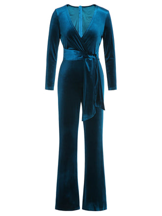 1930s Solid V-Neck Waist Tie Velvet Jumpsuit: timeless style reimagined